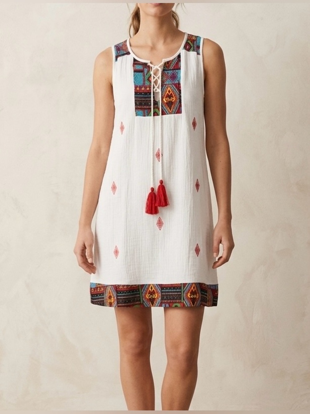 THML Santa Fe Sleeveless Embroidered Linen Blend Dress White Size S Boho Resort